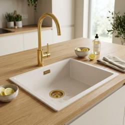 modern-white-kitchen-sink-gold-faucet-wooden-countertop